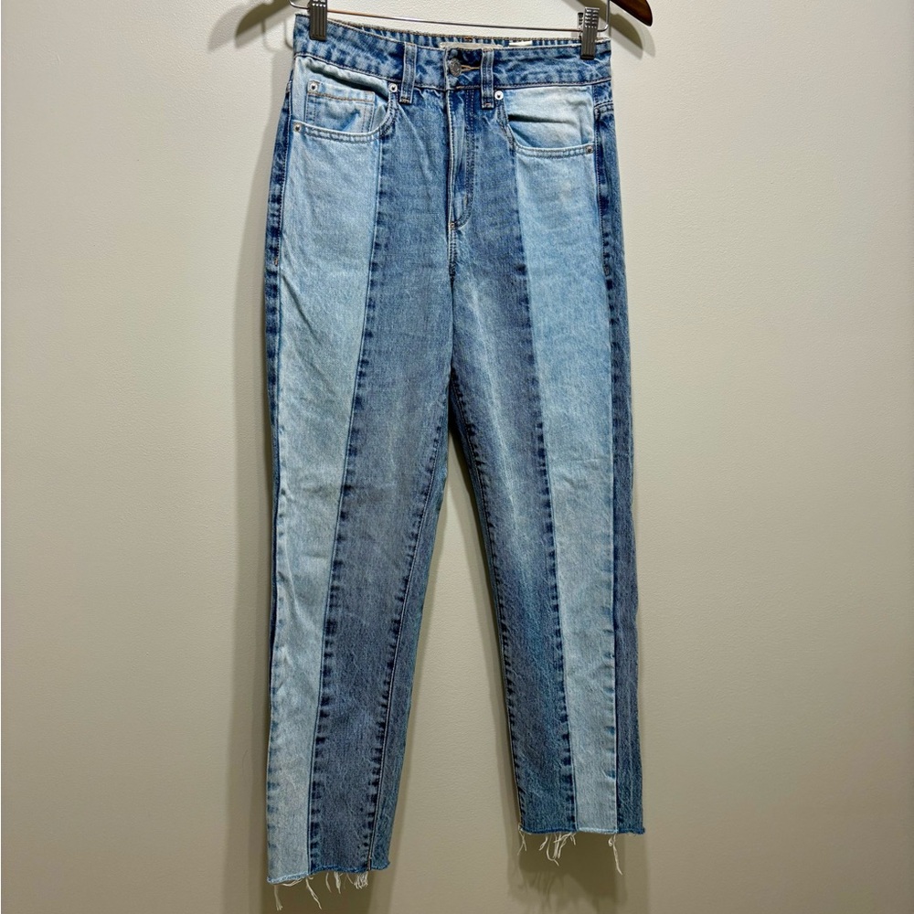 Garage Two Tone High Rise Mom Jeans Raw Hem Blue Denim Size 0 - Picture 2 of 8